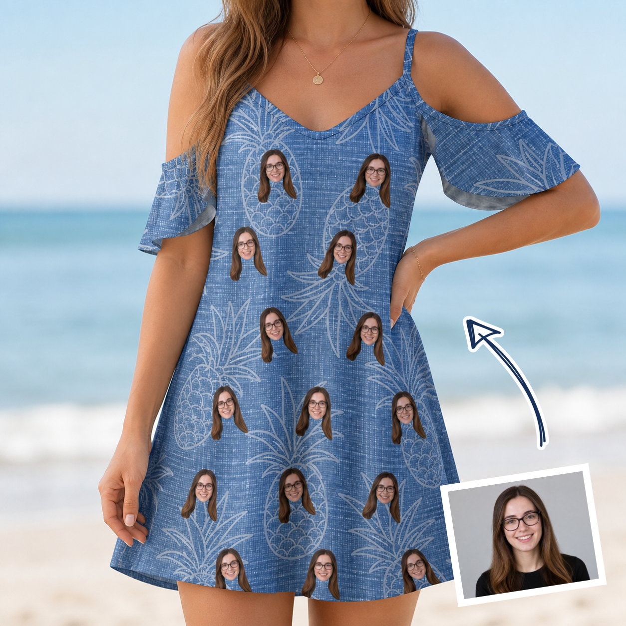 Woman wearing Women's Golden Gush Custom Face Off-Shoulder Dress — custom faces printed all-over