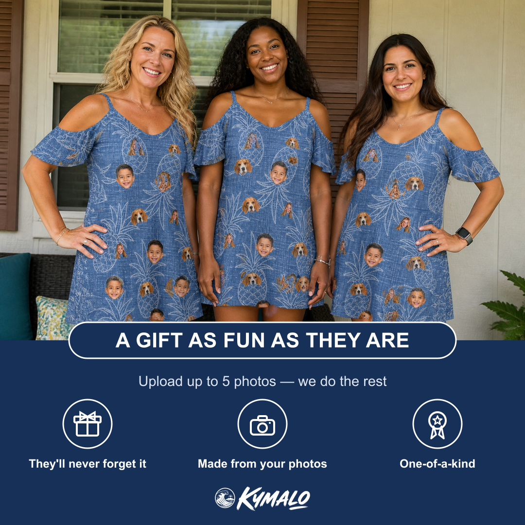 Friends in matching Women's Golden Gush Custom Face Off-Shoulder Dress — a group gift photo