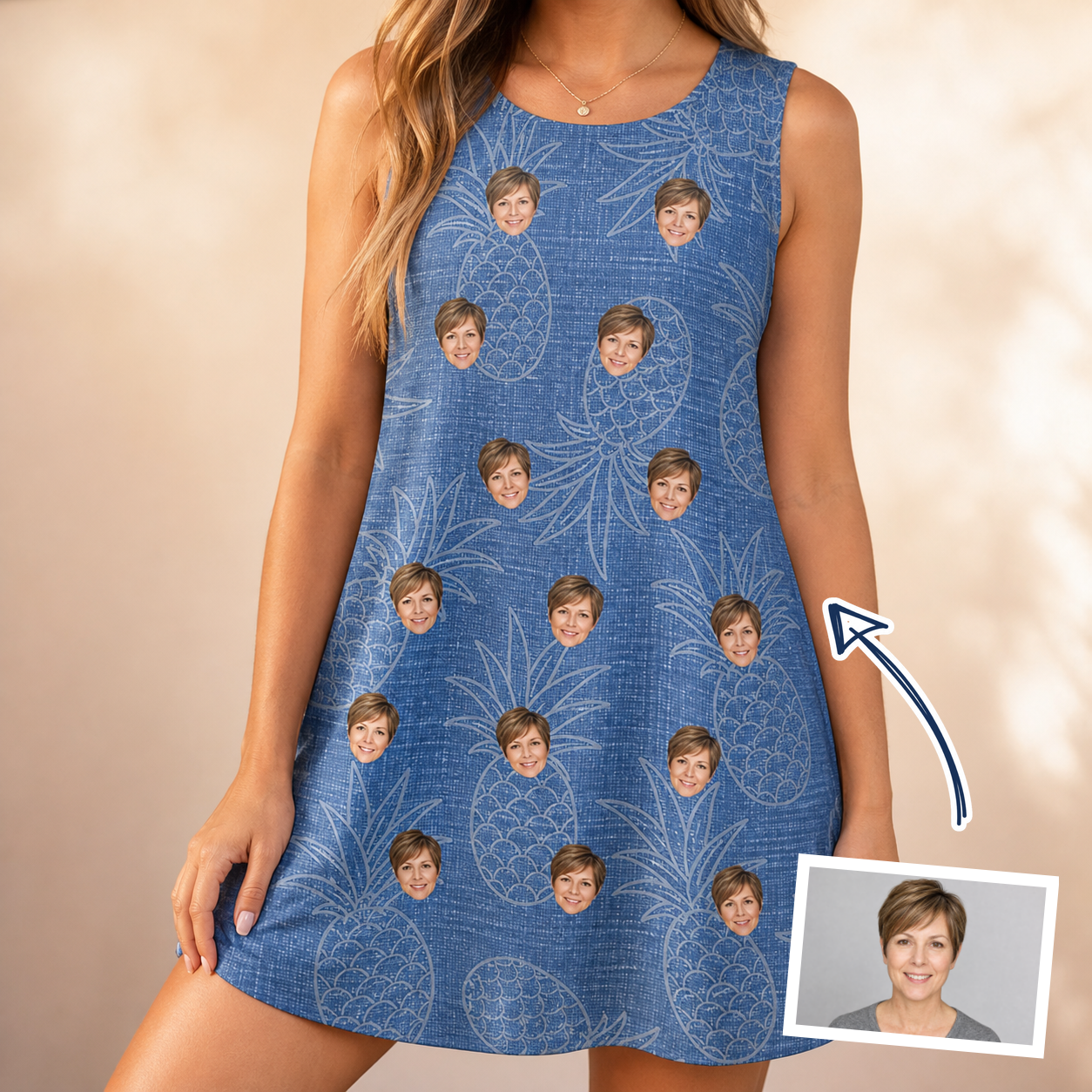 Woman wearing Women's Golden Gush Custom Face Tank Dress — custom faces printed all-over