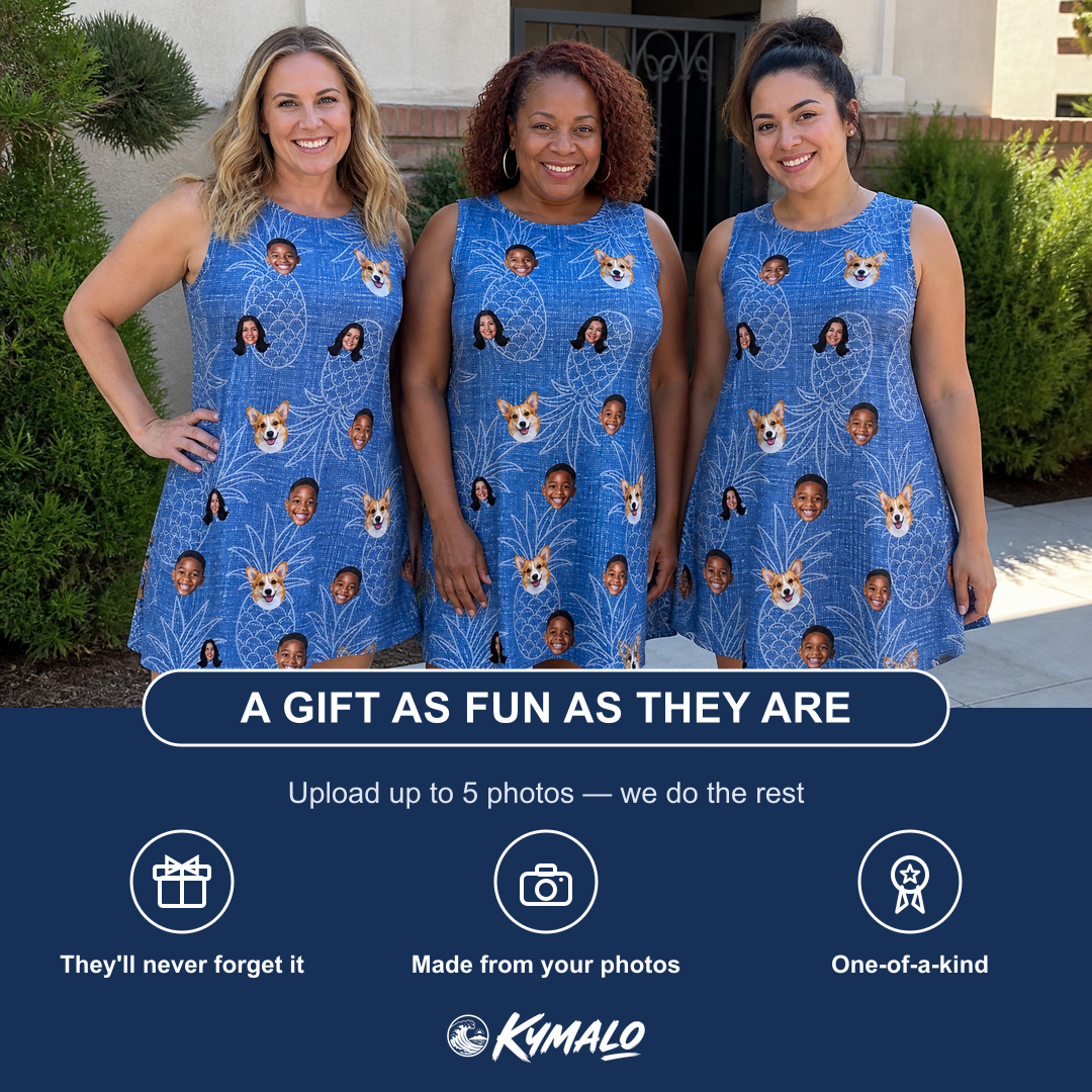 Friends in matching Women's Golden Gush Custom Face Tank Dress — a group gift photo