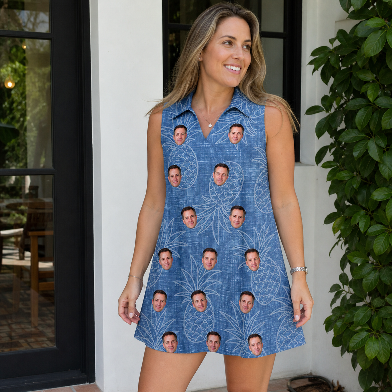 Real-life photo of someone wearing Women's Golden Gush Custom Face V-Neck Dress — custom faces printed all-over