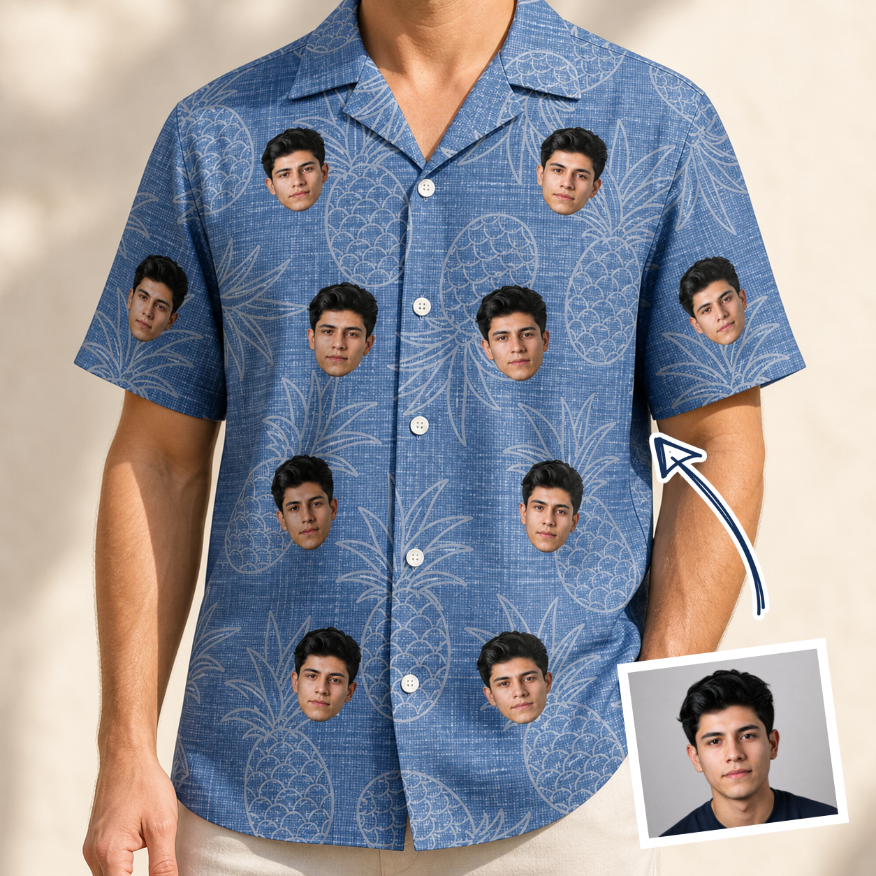 Man wearing Men's Golden Gush Custom Face Hawaiian Shirt — custom faces printed all-over