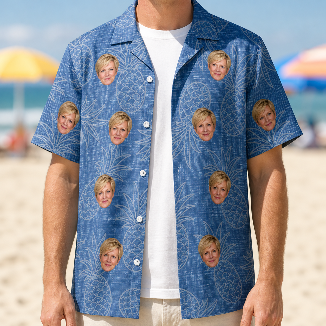 Man wearing Men's Golden Gush Custom Face Hawaiian Shirt open over a white tee