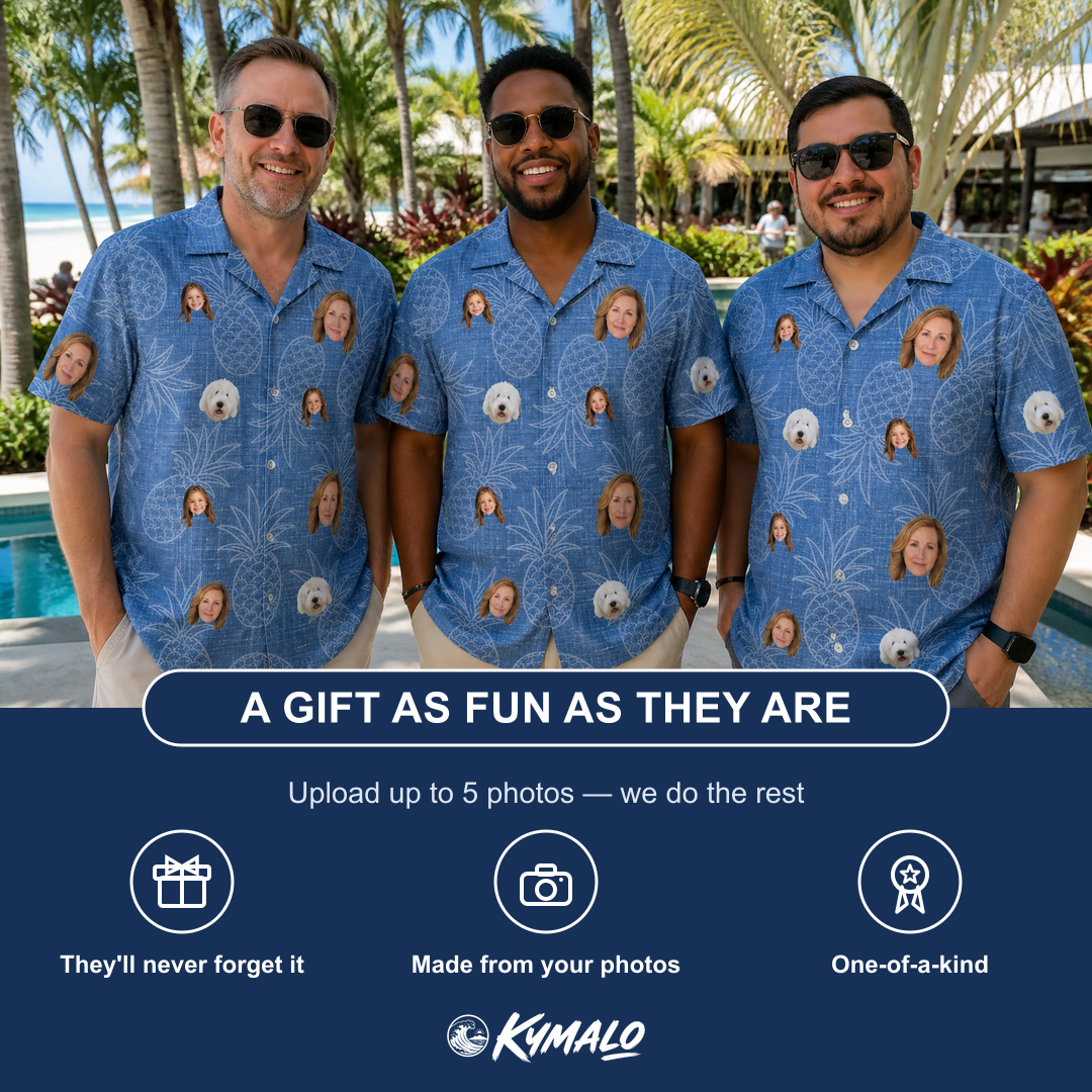 Friends in matching Men's Golden Gush Custom Face Hawaiian Shirt — a group gift photo
