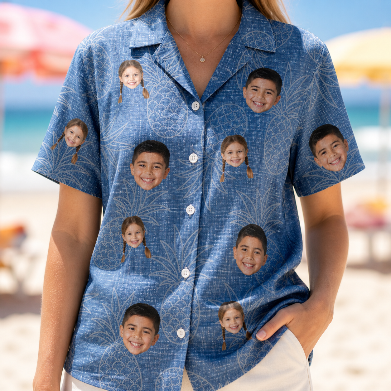 Model wearing Women's Golden Gush Custom Face Hawaiian Shirt printed with kids' faces