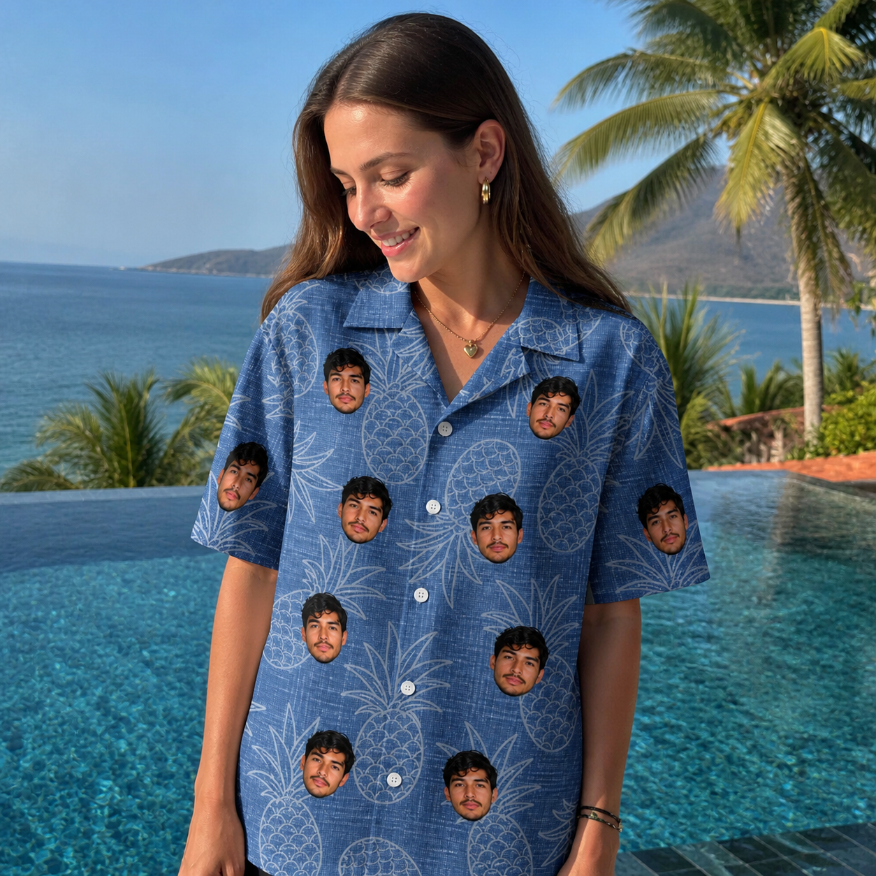 Real-life photo of someone wearing Women's Golden Gush Custom Face Hawaiian Shirt — custom faces printed all-over