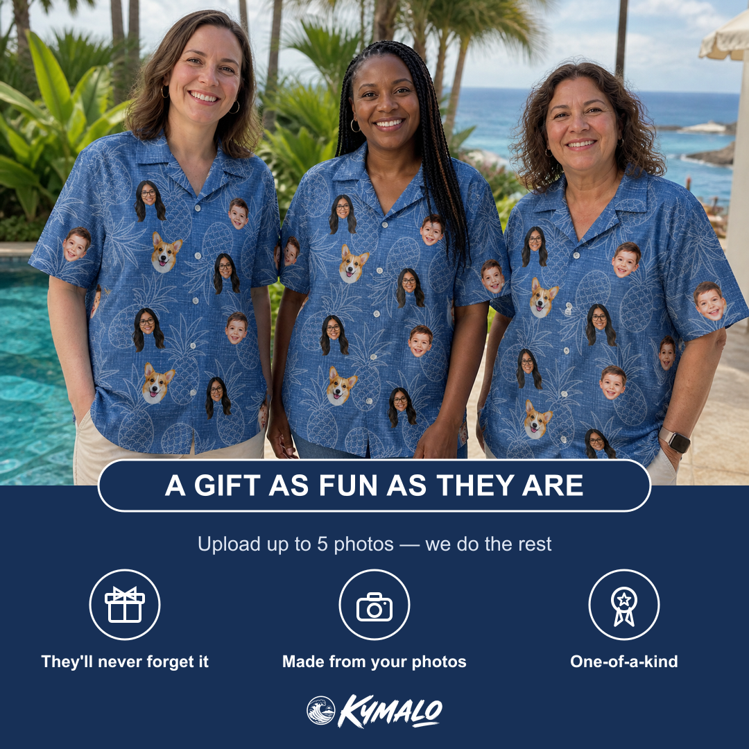 Friends in matching Women's Golden Gush Custom Face Hawaiian Shirt — a group gift photo