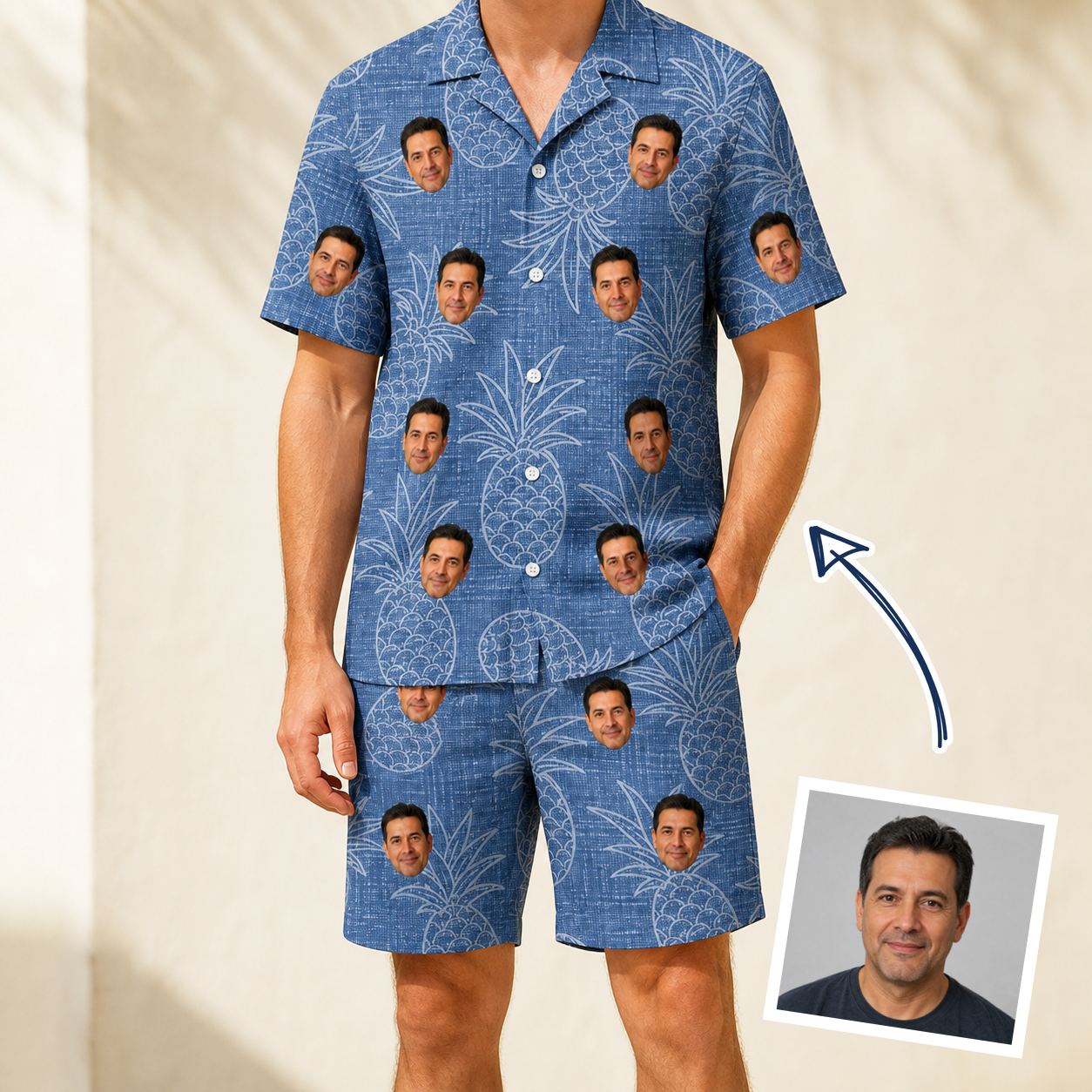 Man wearing Men's Golden Gush Custom Face Shirt & Shorts Set — custom faces printed all-over