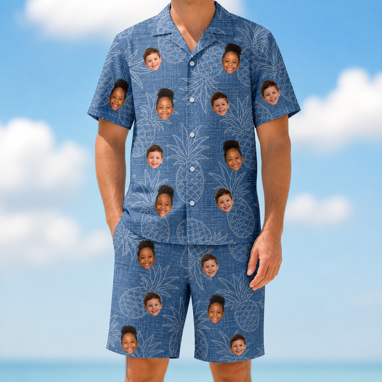 Model wearing Men's Golden Gush Custom Face Shirt & Shorts Set printed with kids' faces