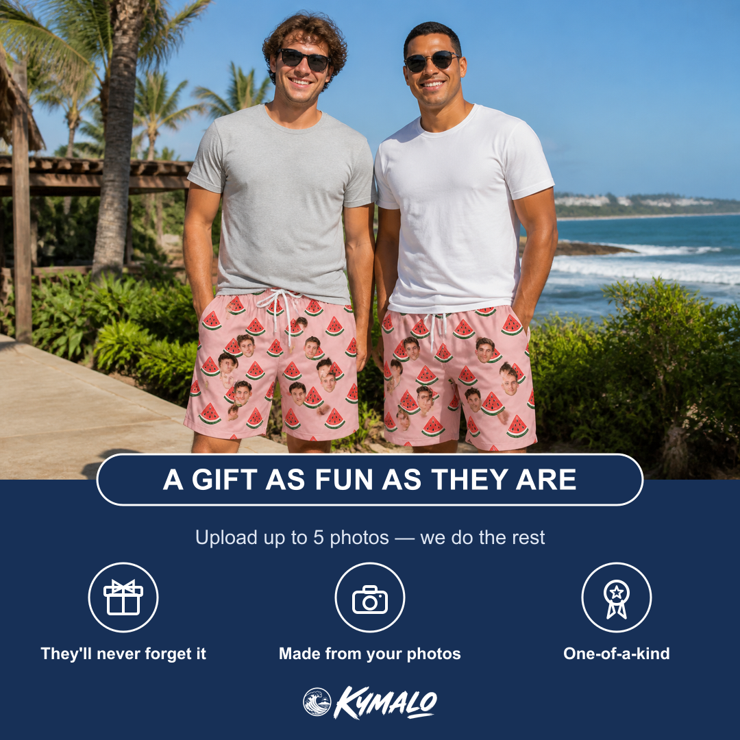 Friends in matching Men's Watermelon Whimsy Custom Face Beach Shorts — a group gift photo