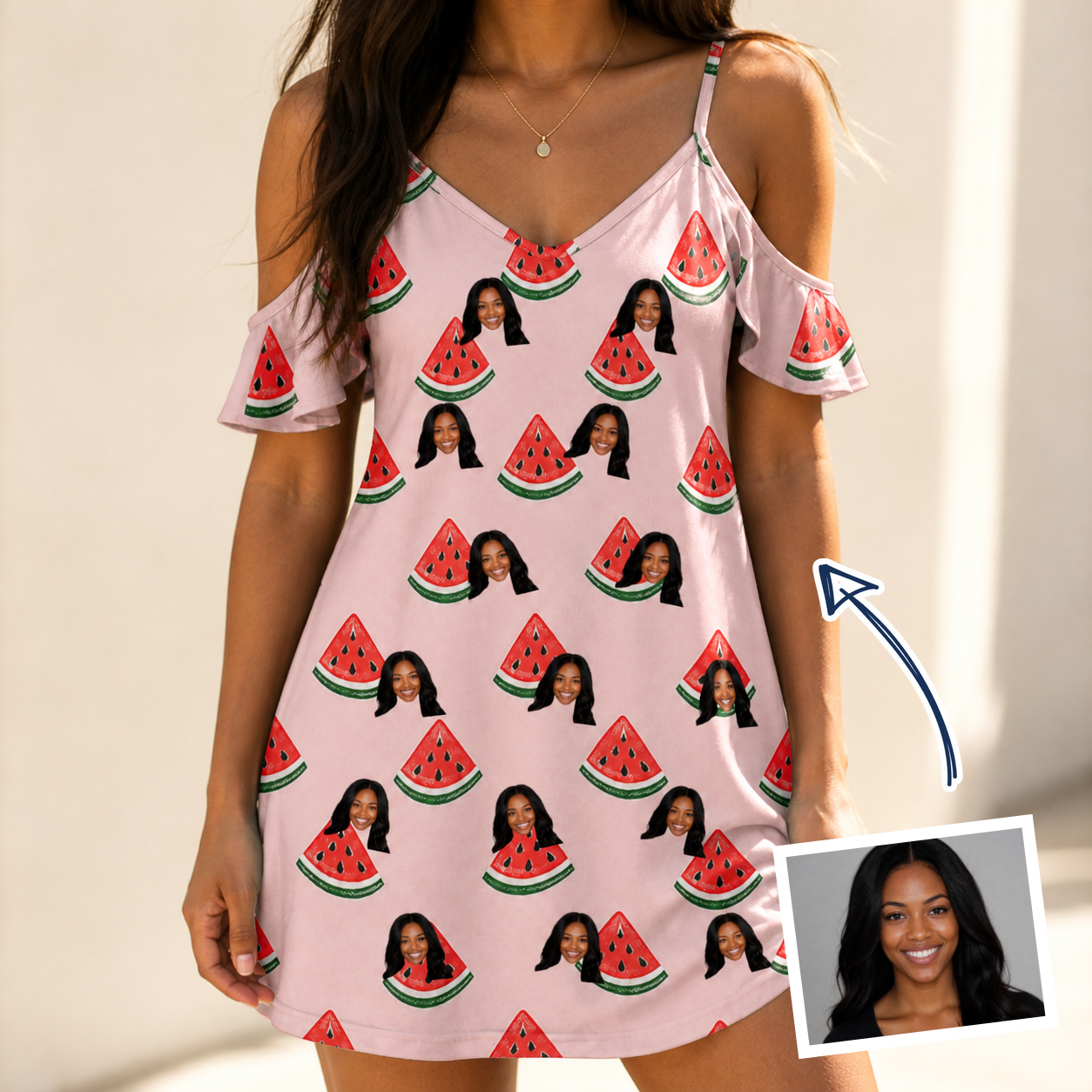 Woman wearing Women's Watermelon Whimsy Custom Face Off-Shoulder Dress — custom faces printed all-over