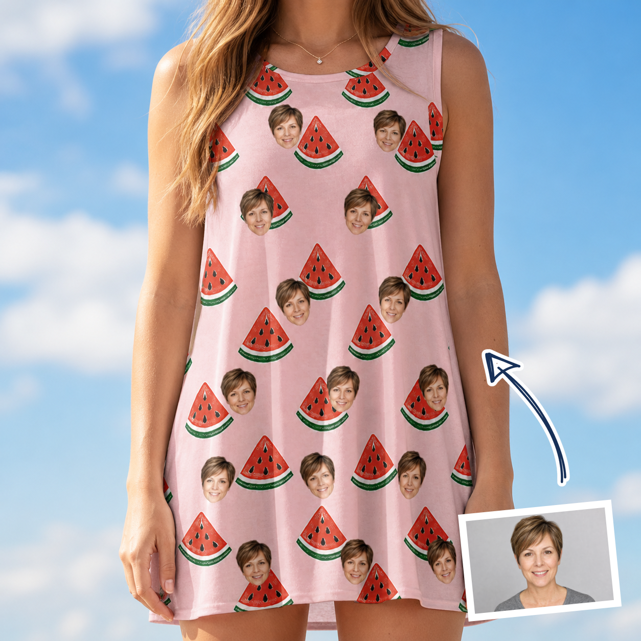 Woman wearing Women's Watermelon Whimsy Custom Face Tank Dress — custom faces printed all-over