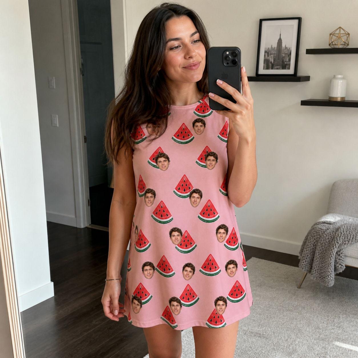 Real-life photo of someone wearing Women's Watermelon Whimsy Custom Face Tank Dress — custom faces printed all-over