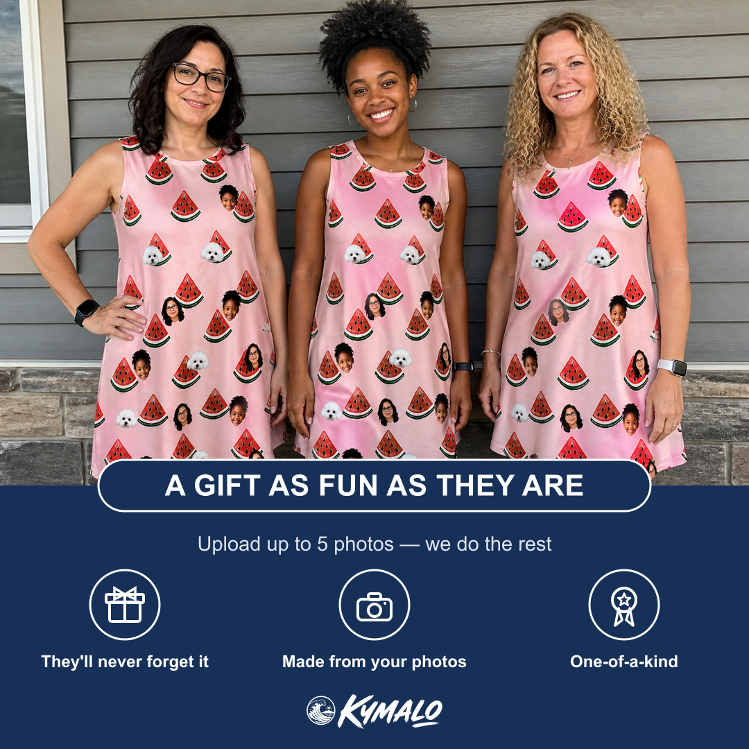 Friends in matching Women's Watermelon Whimsy Custom Face Tank Dress — a group gift photo
