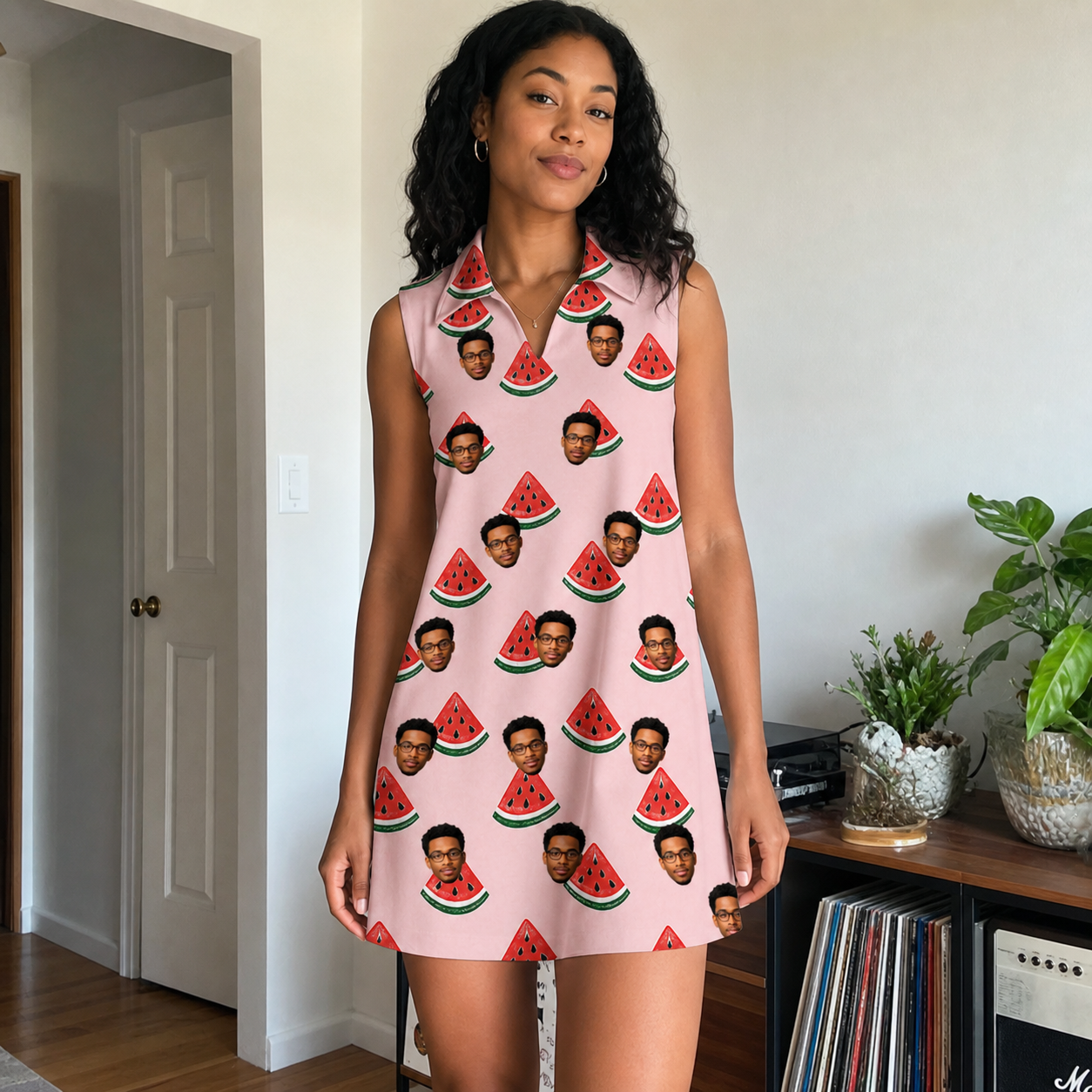 Real-life photo of someone wearing Women's Watermelon Whimsy Custom Face V-Neck Dress — custom faces printed all-over