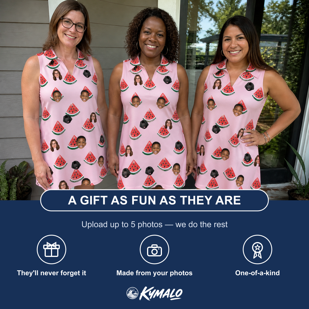 Friends in matching Women's Watermelon Whimsy Custom Face V-Neck Dress — a group gift photo