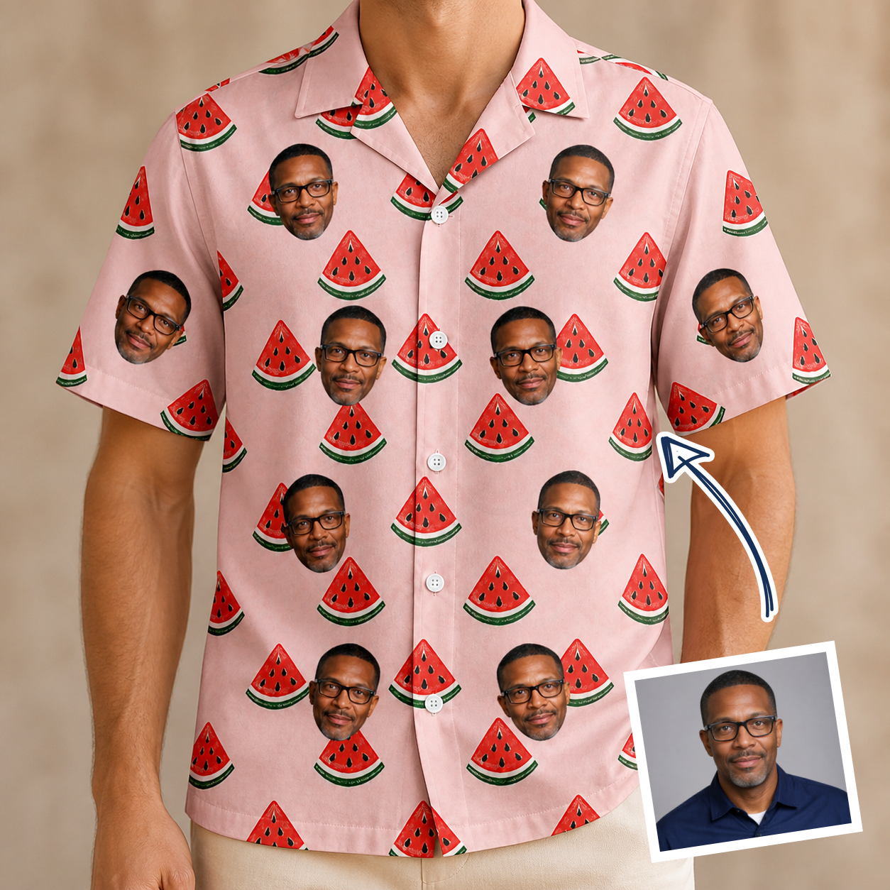 Man wearing Men's Watermelon Whimsy Custom Face Hawaiian Shirt — custom faces printed all-over
