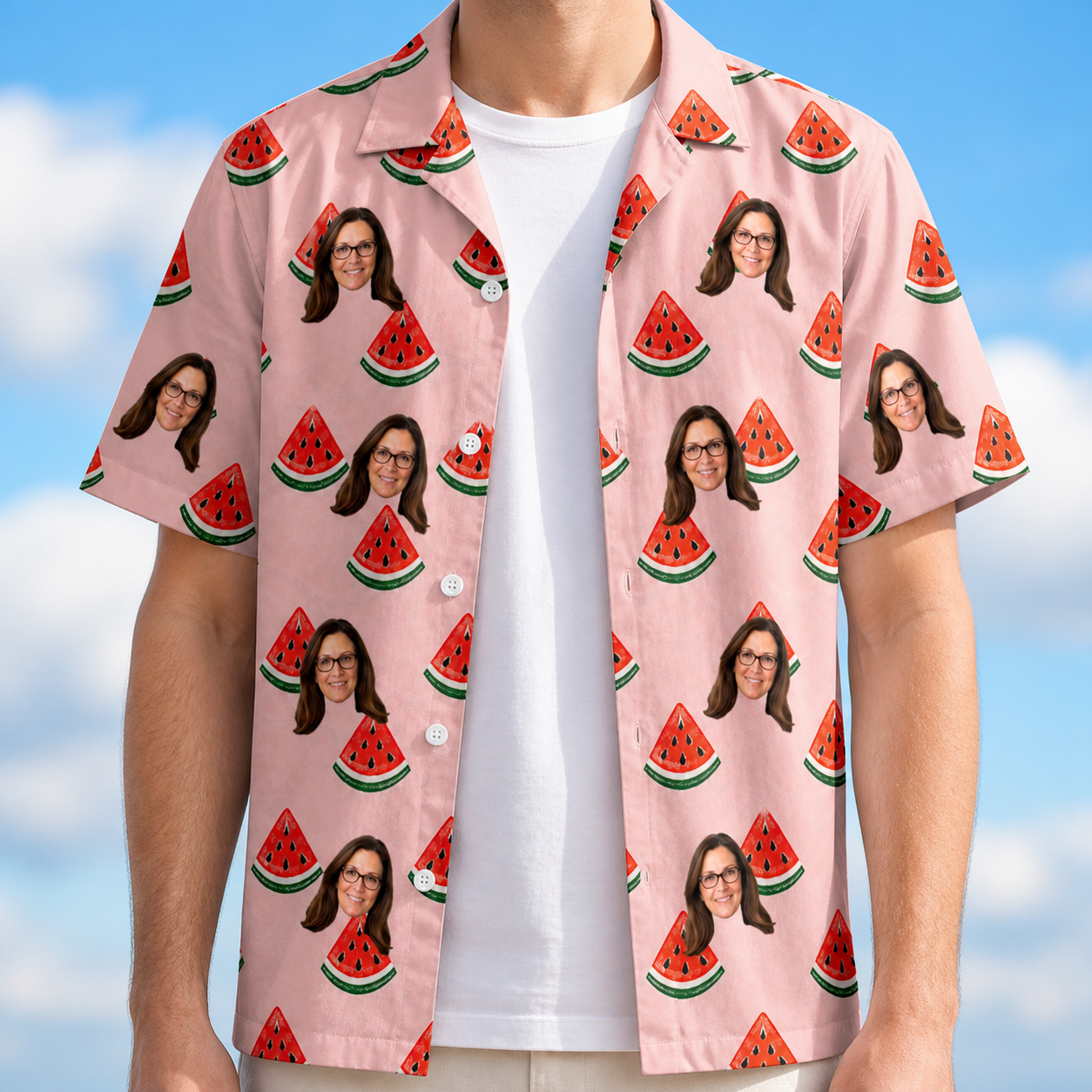 Man wearing Men's Watermelon Whimsy Custom Face Hawaiian Shirt open over a white tee