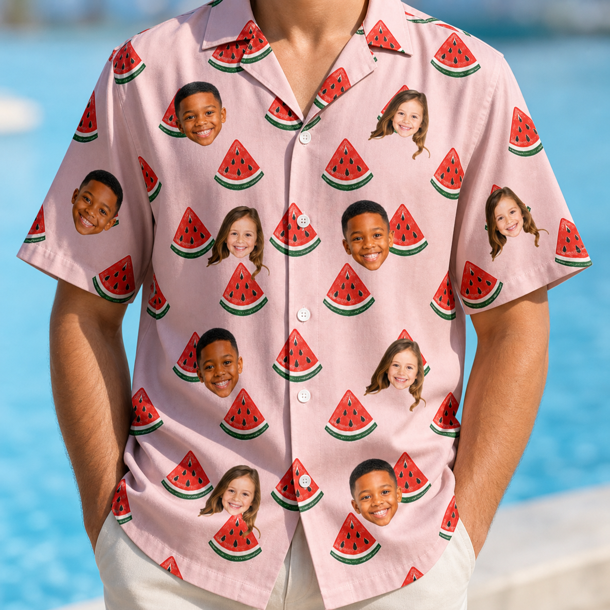 Model wearing Men's Watermelon Whimsy Custom Face Hawaiian Shirt printed with kids' faces