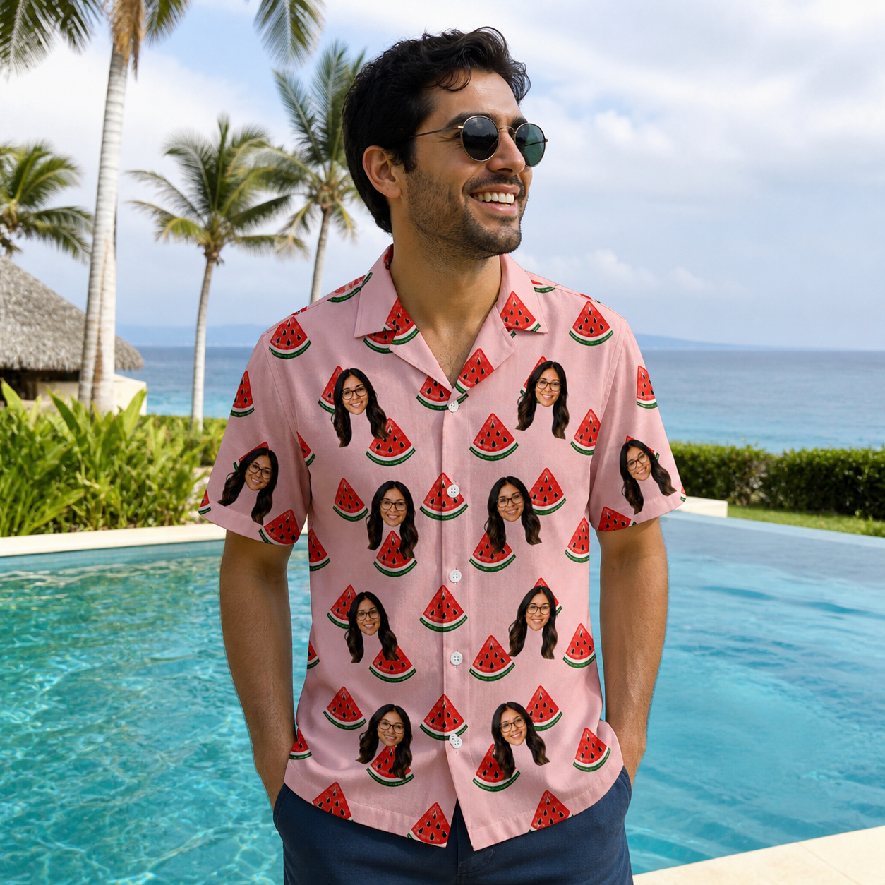 Real-life photo of someone wearing Men's Watermelon Whimsy Custom Face Hawaiian Shirt — custom faces printed all-over