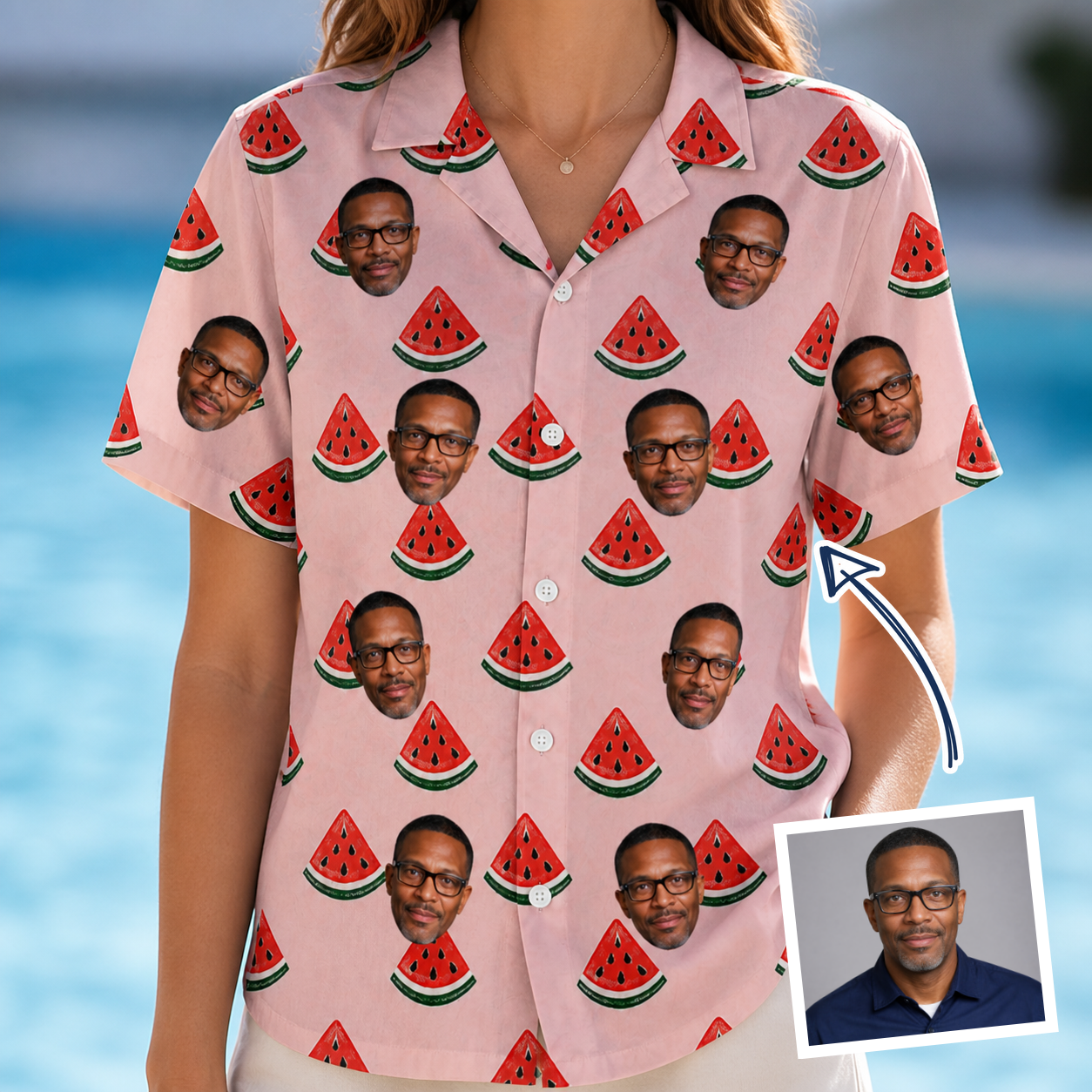 Woman wearing Women's Watermelon Whimsy Custom Face Hawaiian Shirt — custom faces printed all-over