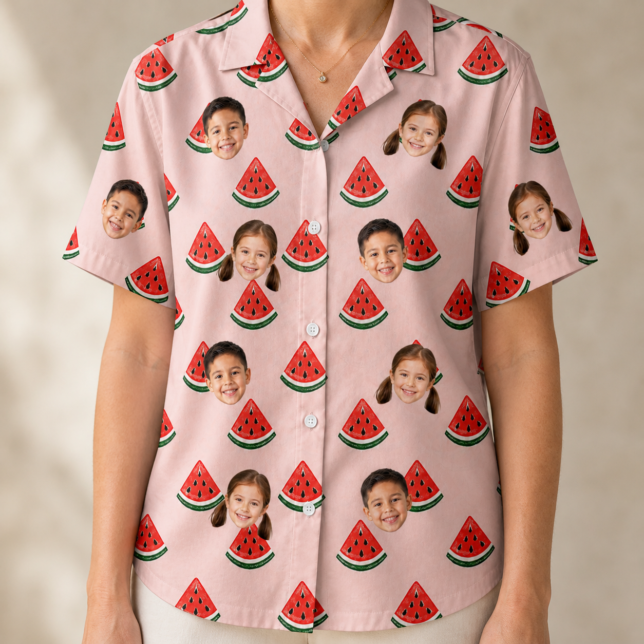 Model wearing Women's Watermelon Whimsy Custom Face Hawaiian Shirt printed with kids' faces