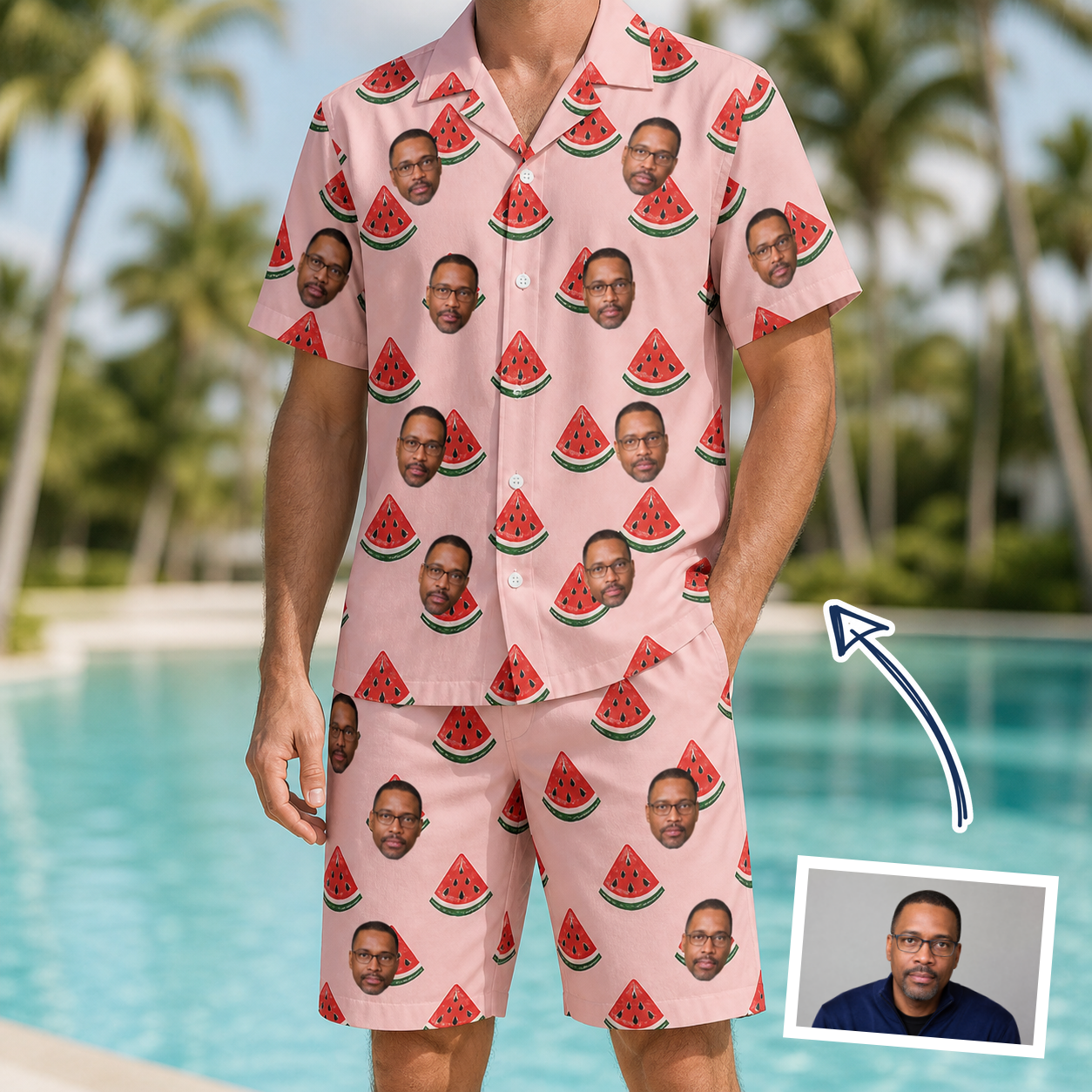 Man wearing Men's Watermelon Whimsy Custom Face Shirt & Shorts Set — custom faces printed all-over