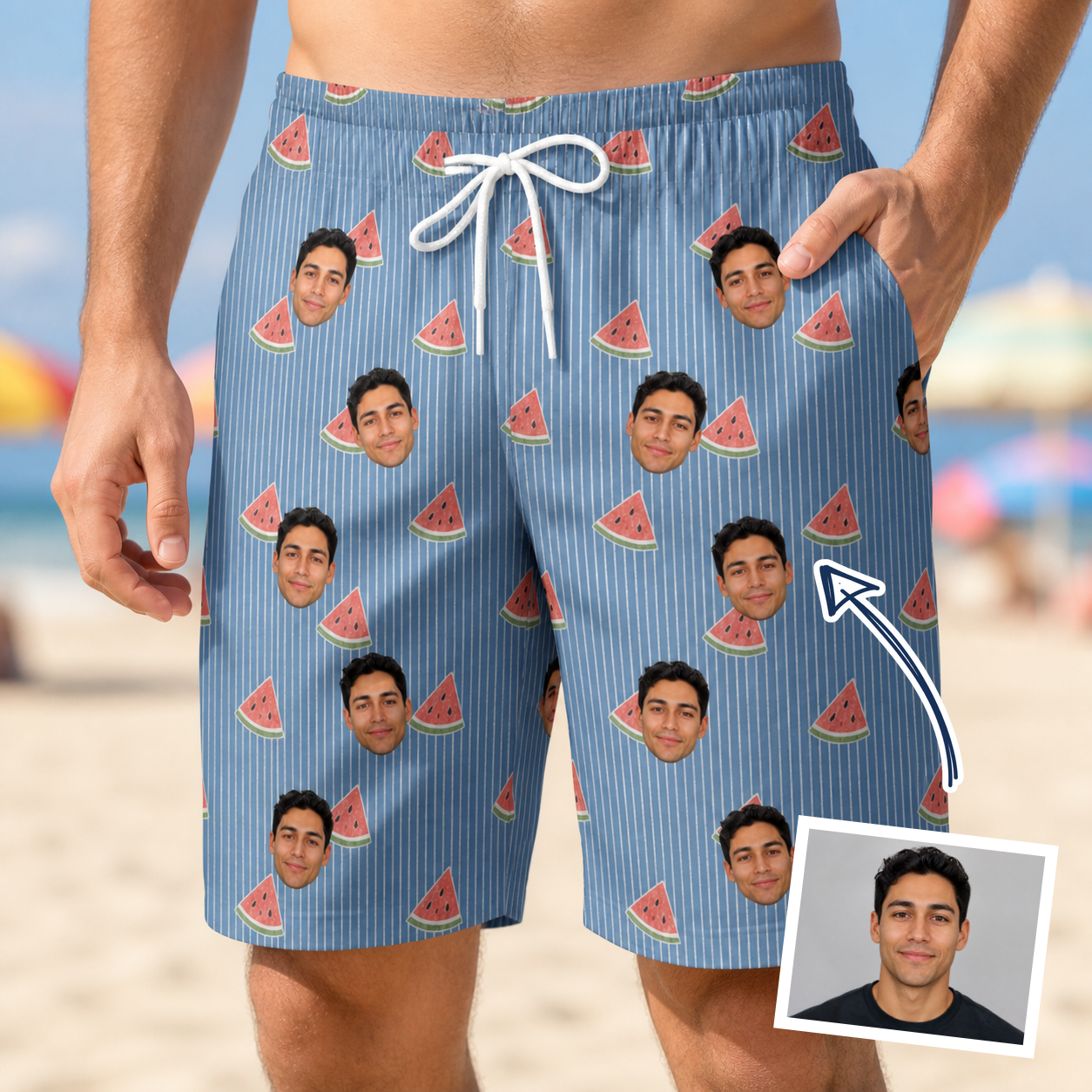 Man wearing Men's Melon Mosaic Custom Face Beach Shorts — custom faces printed all-over
