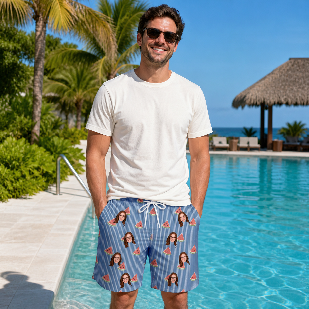 Real-life photo of someone wearing Men's Melon Mosaic Custom Face Beach Shorts — custom faces printed all-over