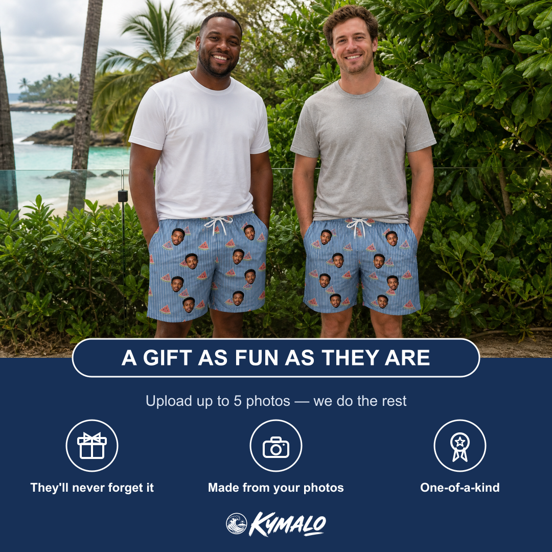 Friends in matching Men's Melon Mosaic Custom Face Beach Shorts — a group gift photo