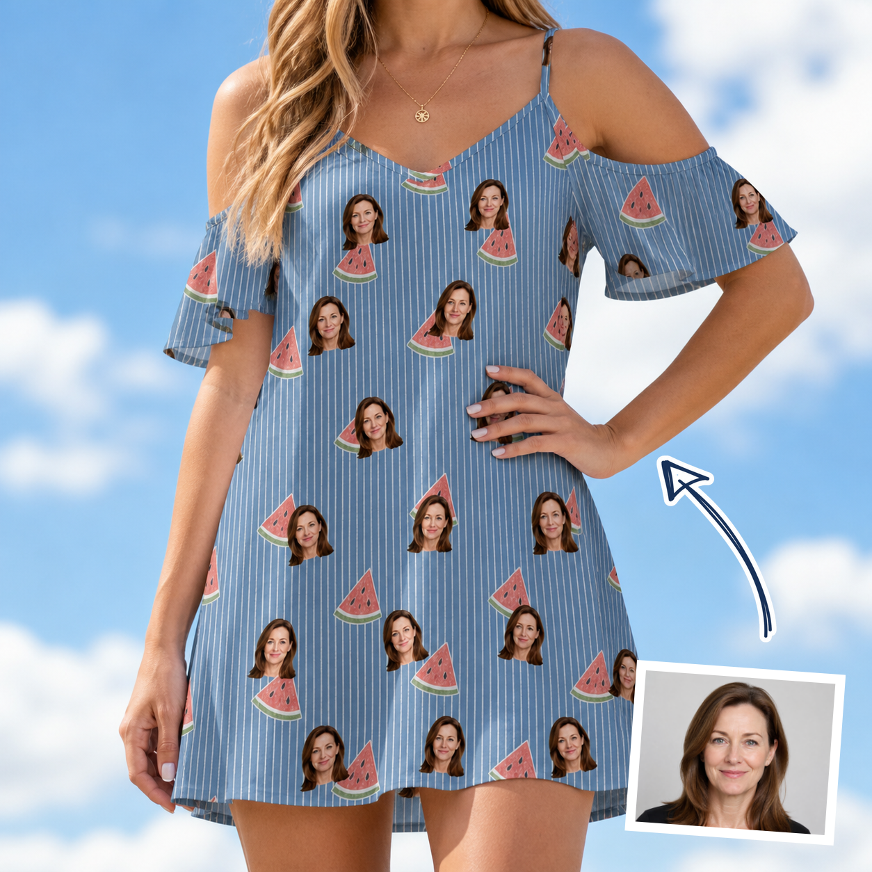 Woman wearing Women's Melon Mosaic Custom Face Off-Shoulder Dress — custom faces printed all-over