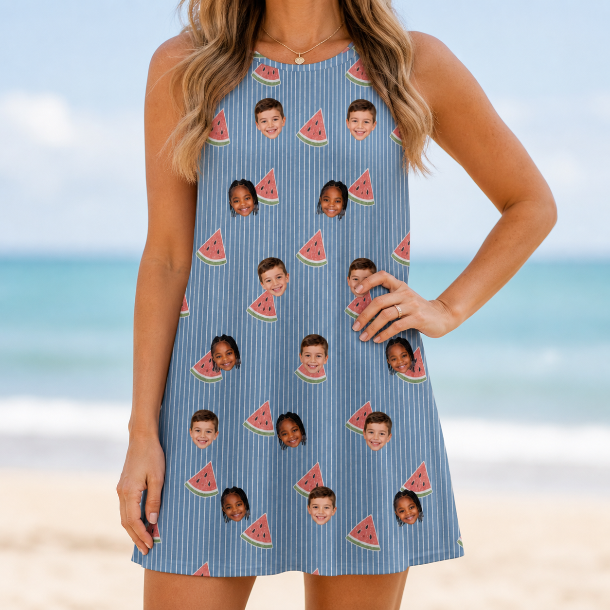Model wearing Women's Melon Mosaic Custom Face Tank Dress printed with kids' faces