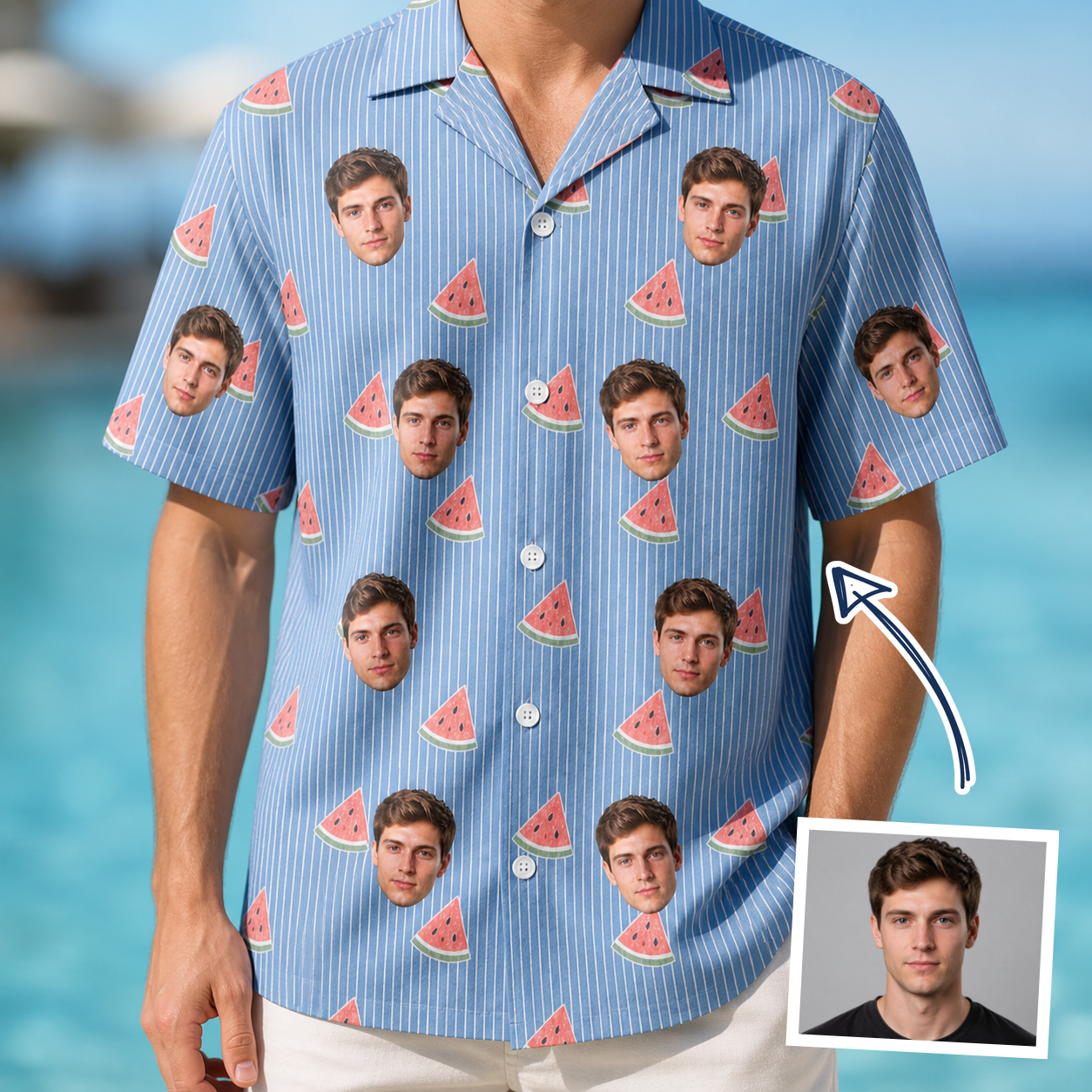Man wearing Men's Melon Mosaic Custom Face Hawaiian Shirt — custom faces printed all-over