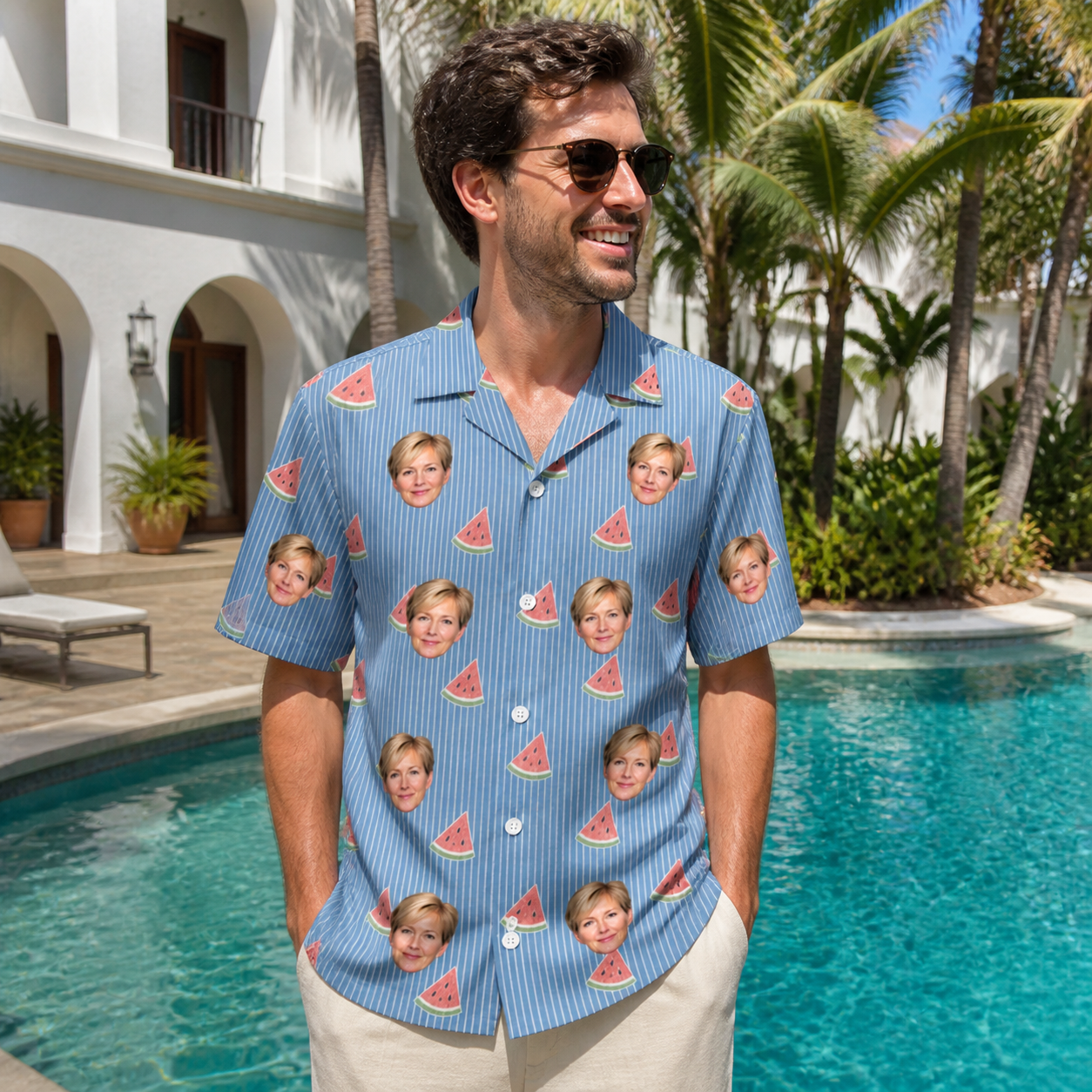 Real-life photo of someone wearing Men's Melon Mosaic Custom Face Hawaiian Shirt — custom faces printed all-over