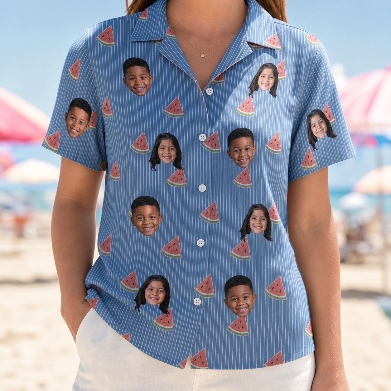 Model wearing Women's Melon Mosaic Custom Face Hawaiian Shirt printed with kids' faces