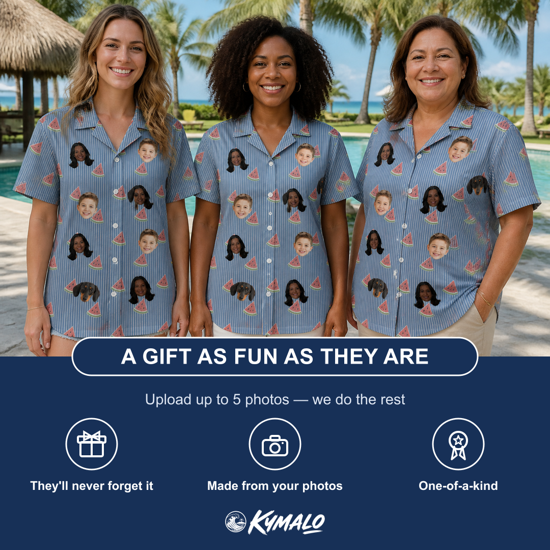 Friends in matching Women's Melon Mosaic Custom Face Hawaiian Shirt — a group gift photo