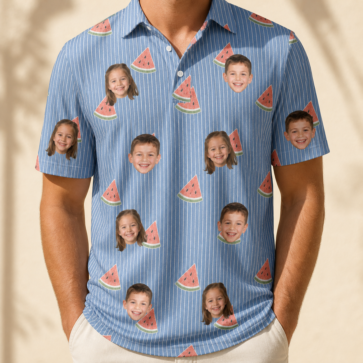Model wearing Men's Melon Mosaic Custom Face Polo Shirt printed with kids' faces