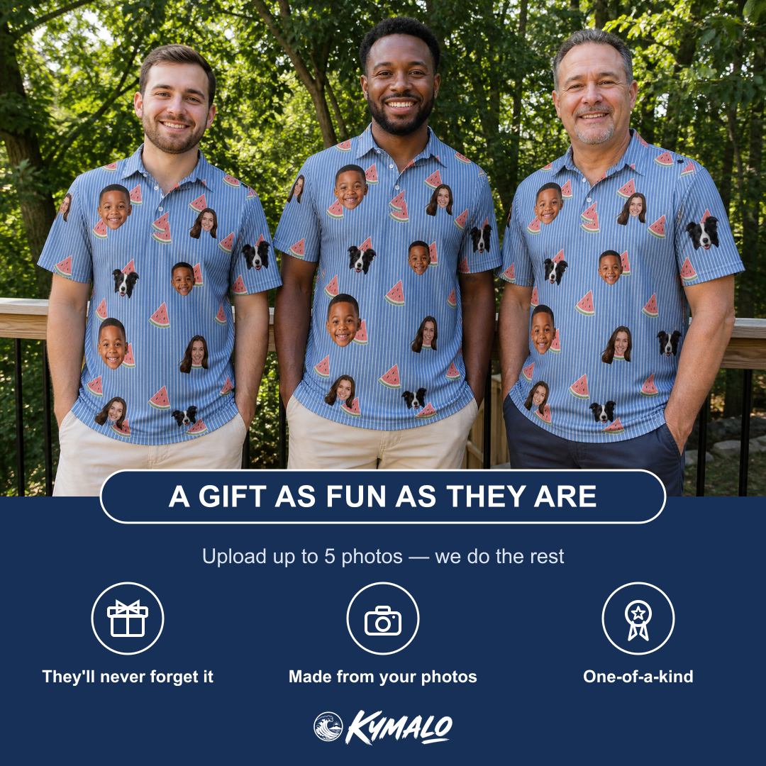 Friends in matching Men's Melon Mosaic Custom Face Polo Shirt — a group gift photo