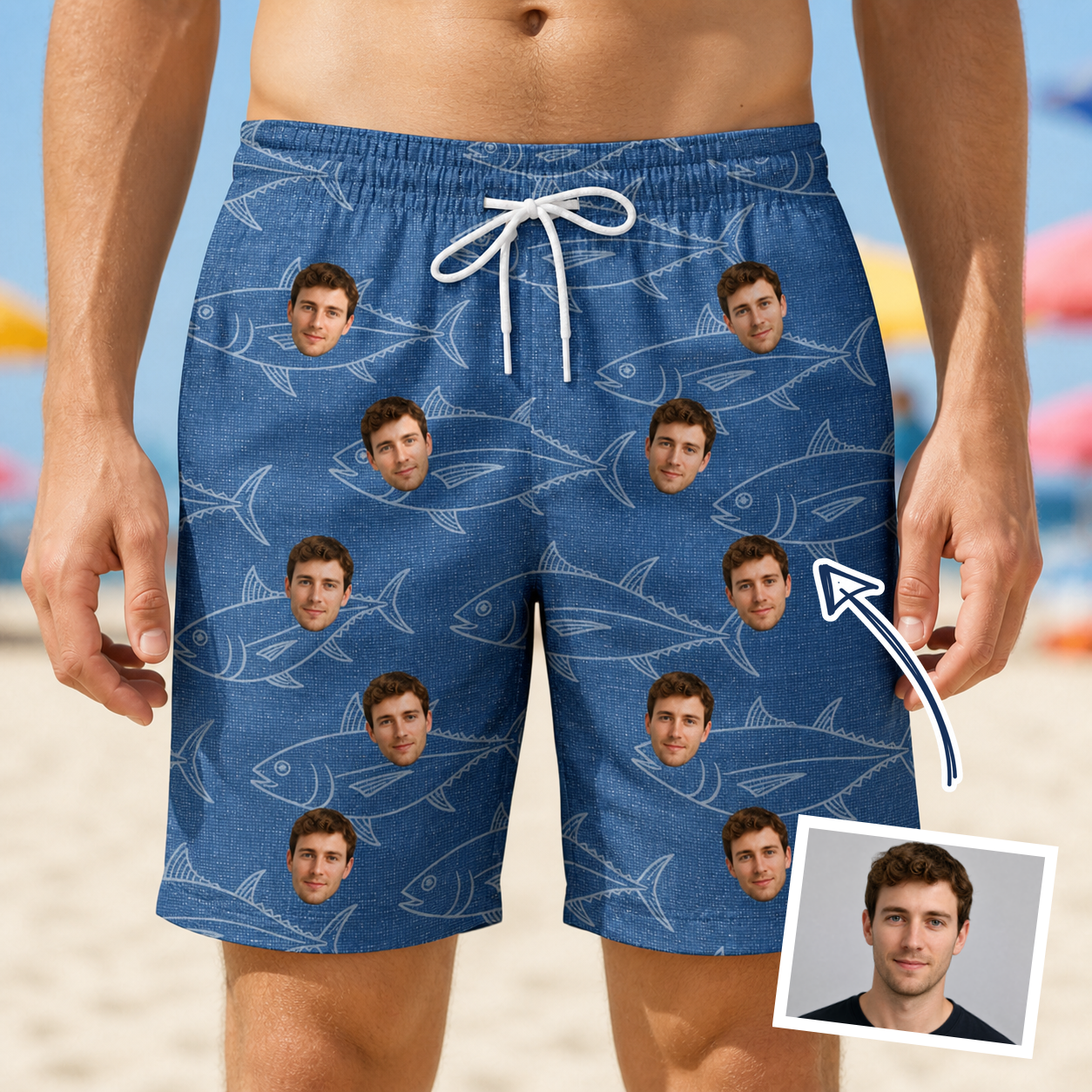Man wearing Men's Finny Business Custom Face Beach Shorts — custom faces printed all-over