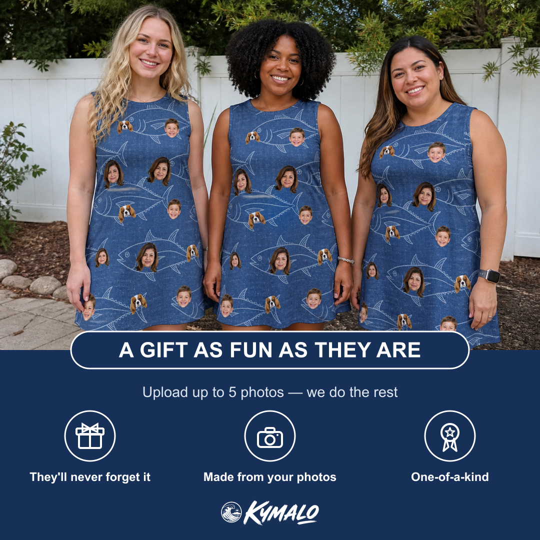 Friends in matching Women's Finny Business Custom Face Tank Dress — a group gift photo