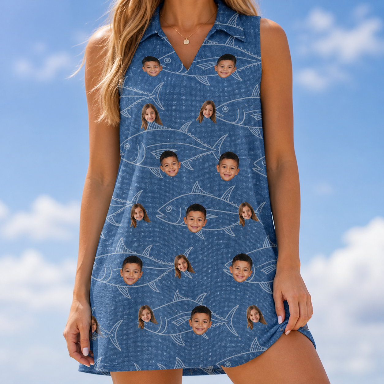 Model wearing Women's Finny Business Custom Face V-Neck Dress printed with kids' faces