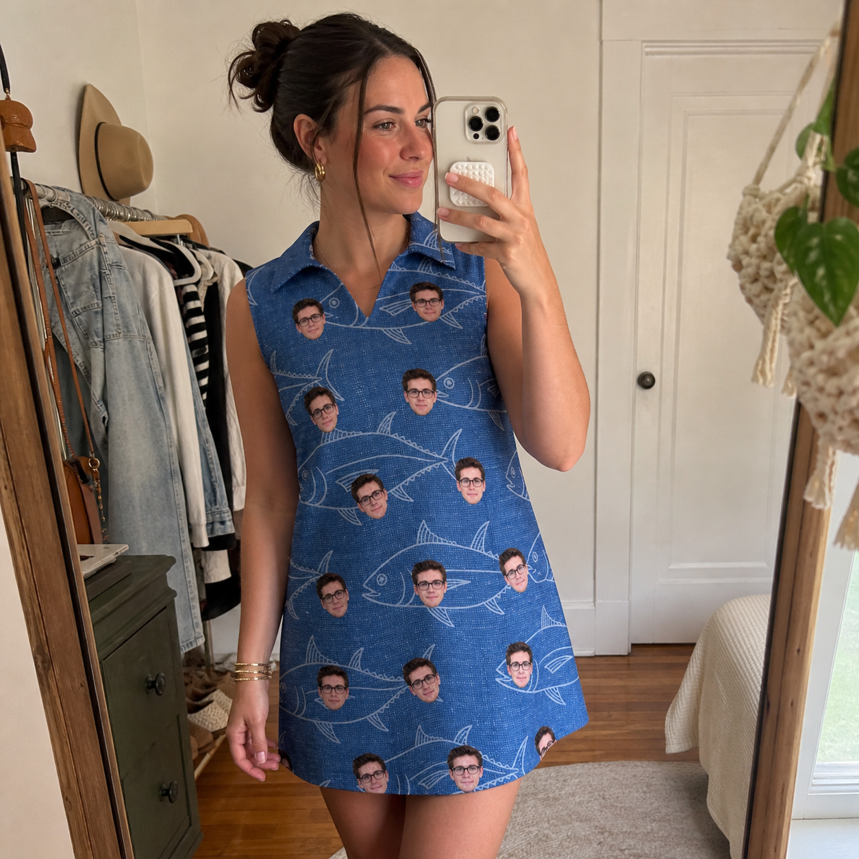 Real-life photo of someone wearing Women's Finny Business Custom Face V-Neck Dress — custom faces printed all-over