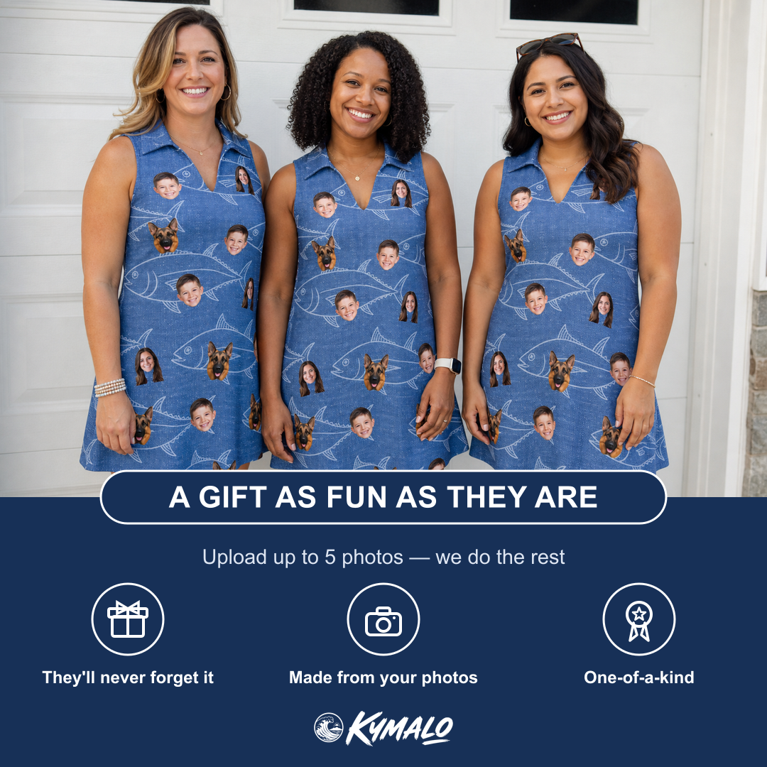 Friends in matching Women's Finny Business Custom Face V-Neck Dress — a group gift photo