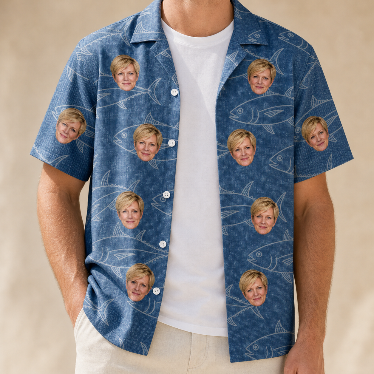 Man wearing Men's Finny Business Custom Face Hawaiian Shirt open over a white tee