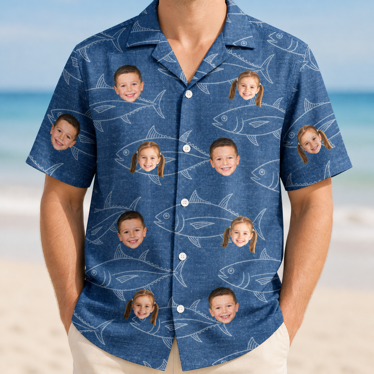 Model wearing Men's Finny Business Custom Face Hawaiian Shirt printed with kids' faces