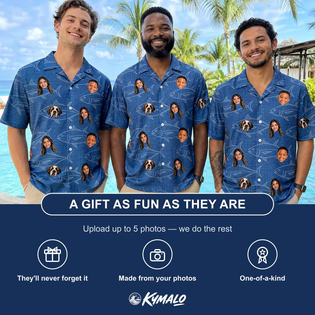 Friends in matching Men's Finny Business Custom Face Hawaiian Shirt — a group gift photo