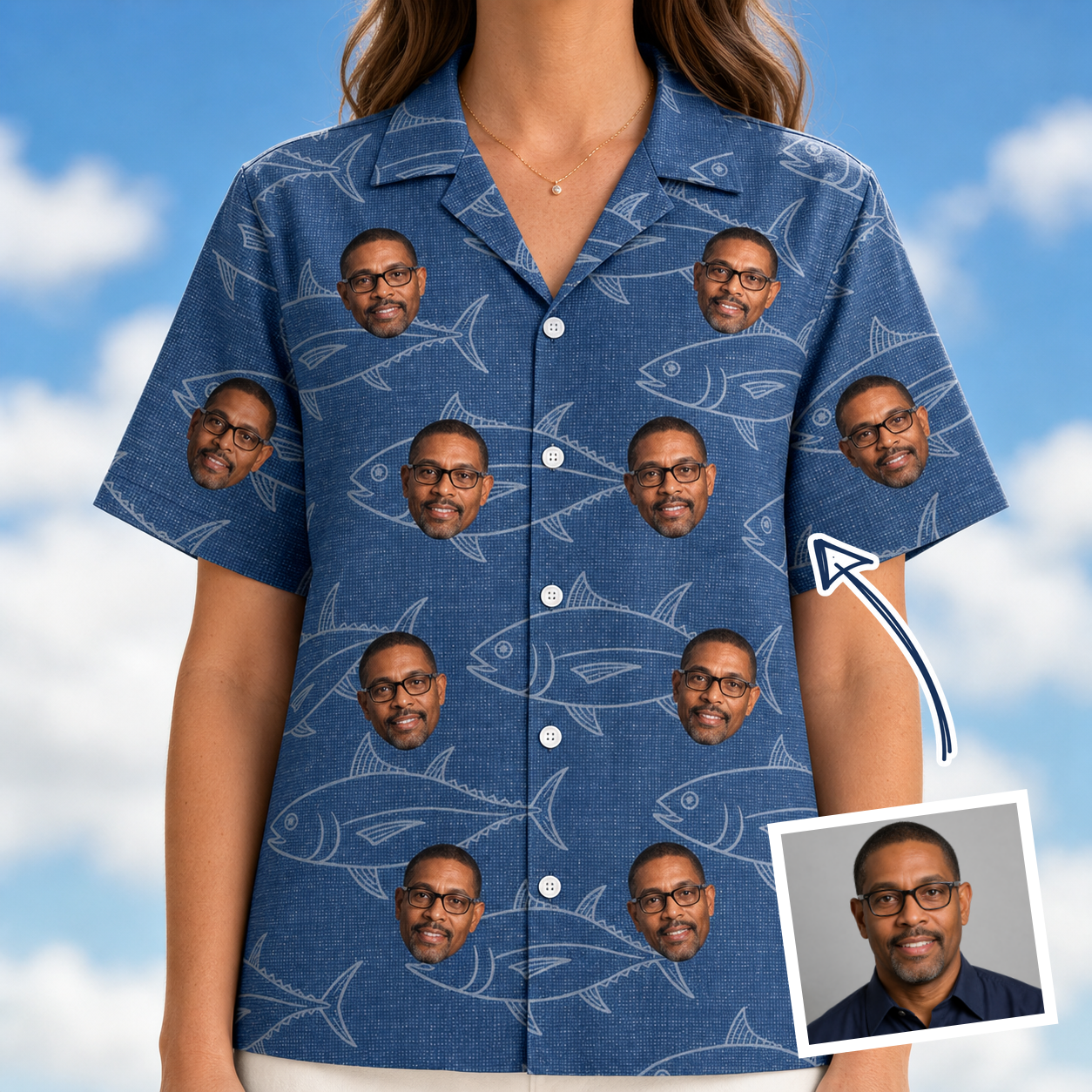Woman wearing Women's Finny Business Custom Face Hawaiian Shirt — custom faces printed all-over