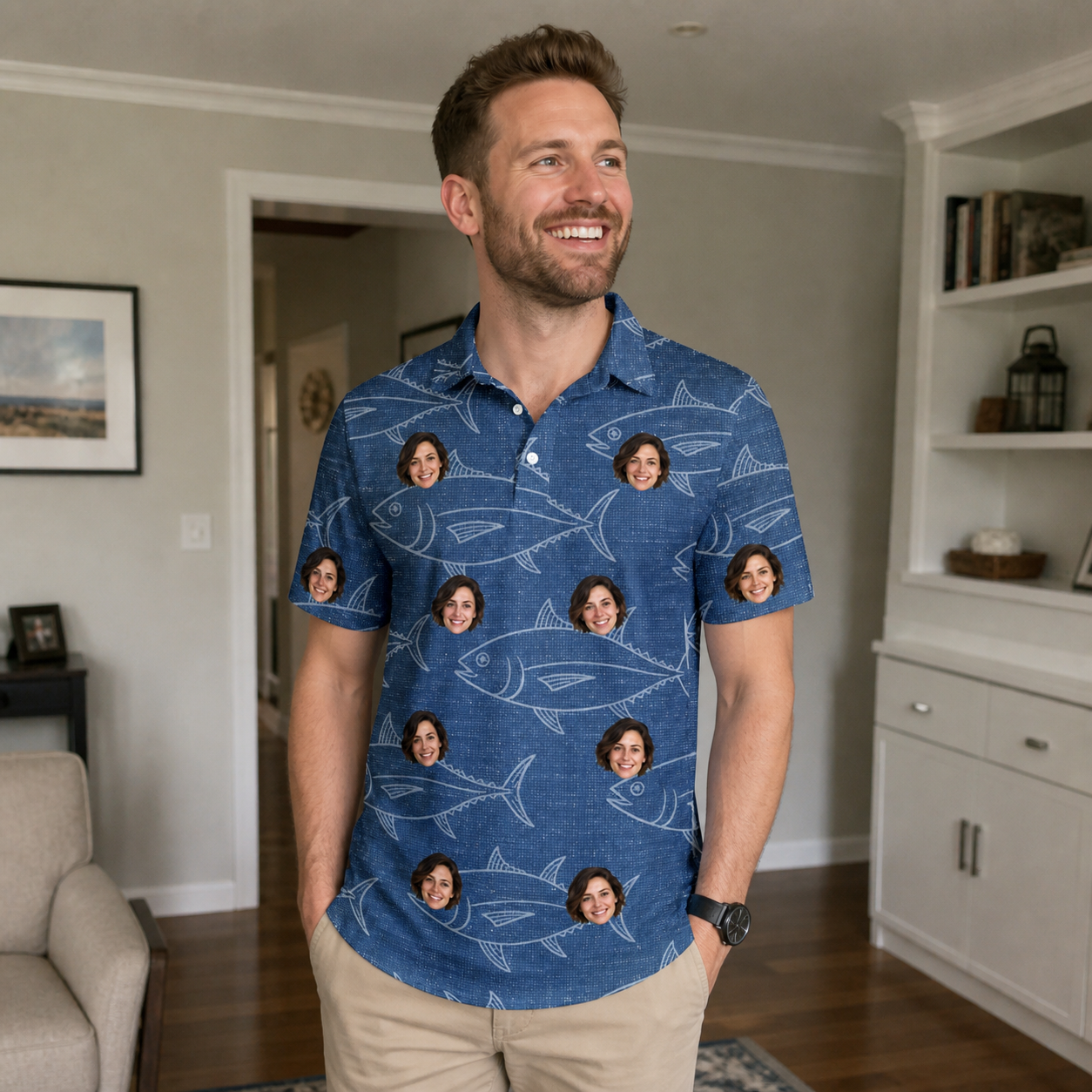 Real-life photo of someone wearing Men's Finny Business Custom Face Polo Shirt — custom faces printed all-over