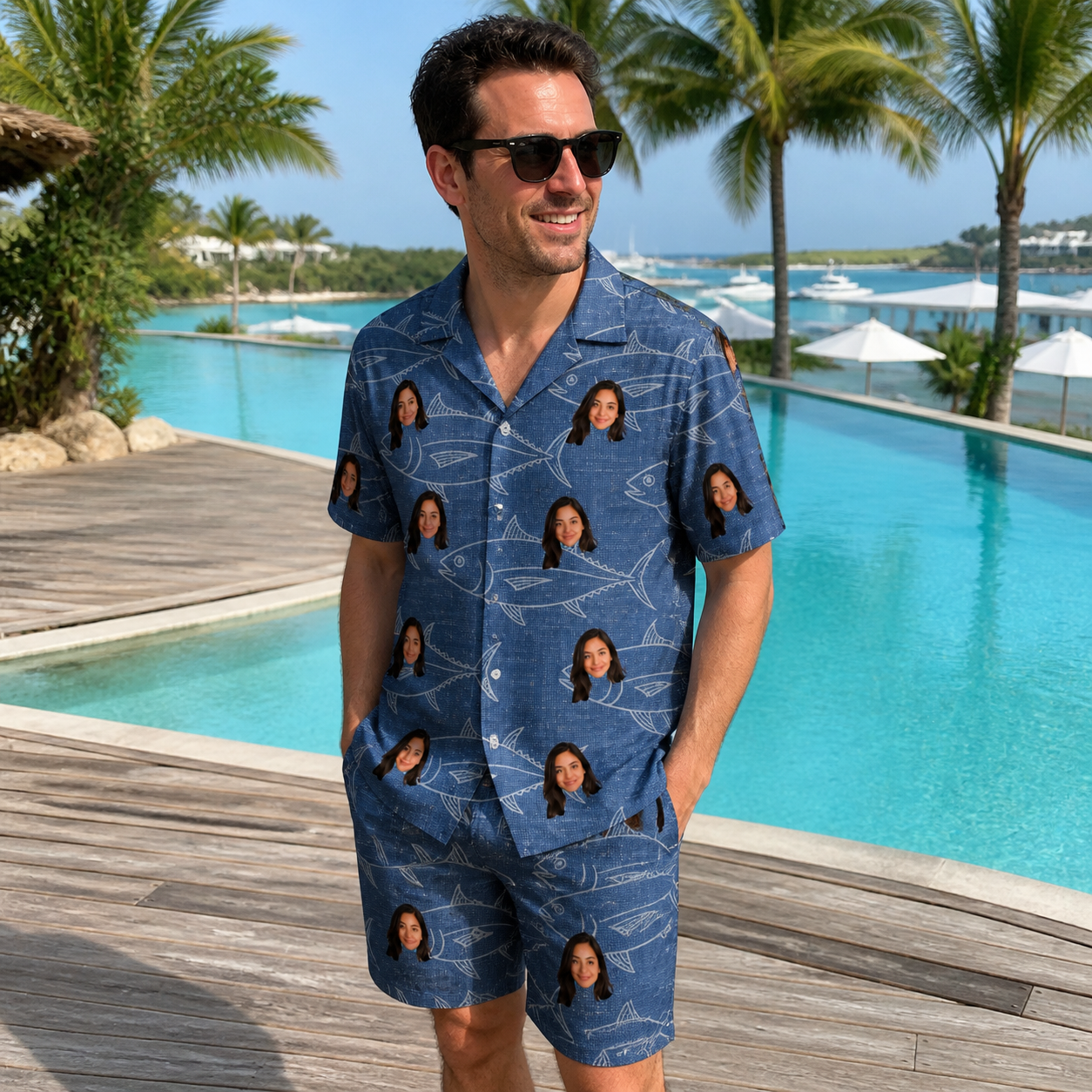 Real-life photo of someone wearing Men's Finny Business Custom Face Shirt & Shorts Set — custom faces printed all-over
