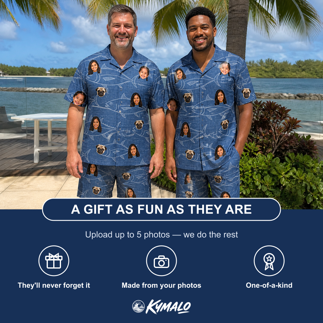 Friends in matching Men's Finny Business Custom Face Shirt & Shorts Set — a group gift photo